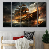 Big Pirate Ship Burned 5 Panels B Canvas Prints Wall Art Home Decor, Extra Large Canvas