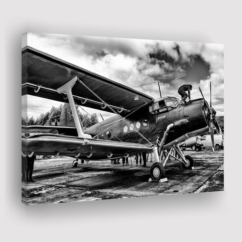 Black And White Airplane Biplane Light Aircraft Military Canvas Prints Wall Art Decor - Painting Canvas, Art Prints, Ready to Hang