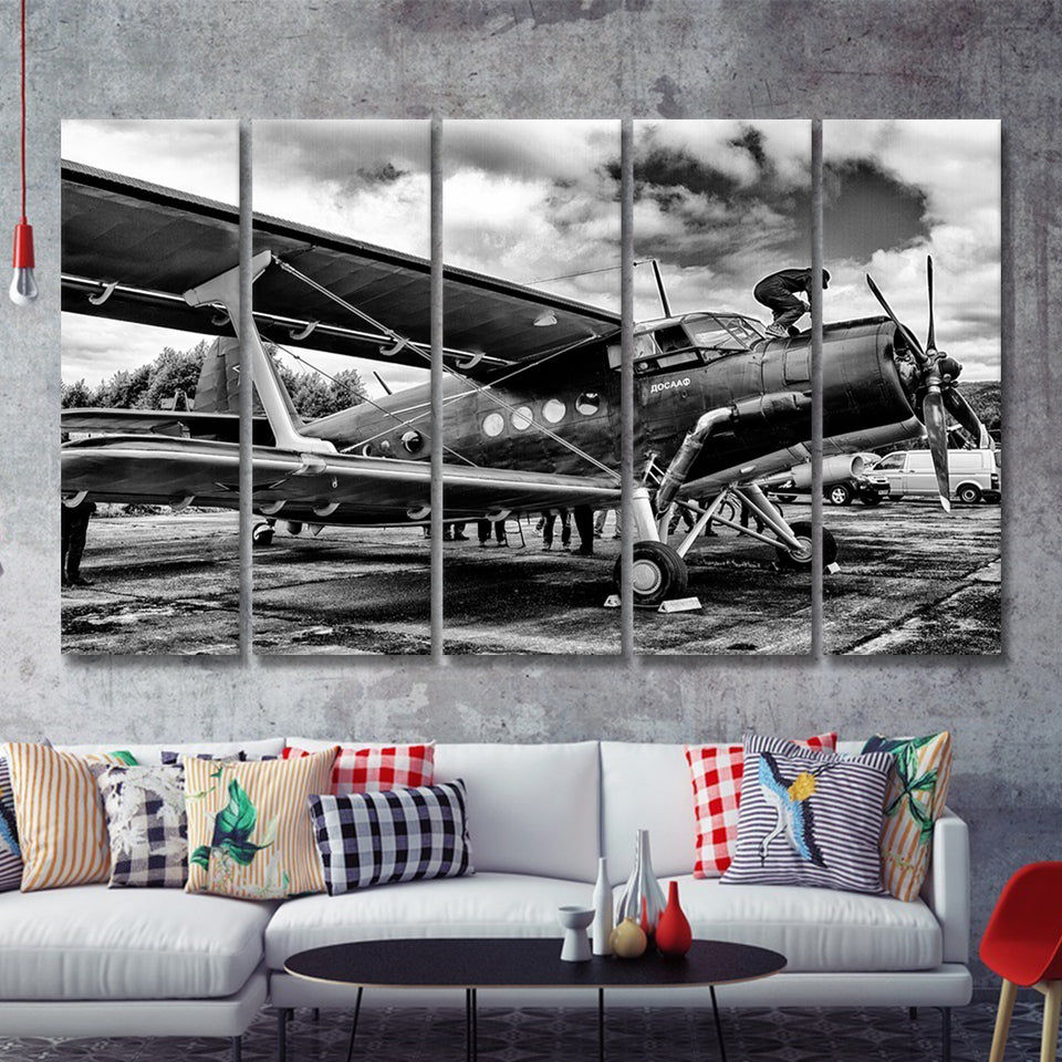 Black And White Airplane Aircraft Vehicle Aviation Flight 5 Piece B Canvas Prints Wall Art Decor - Painting Canvas, Multi Panels