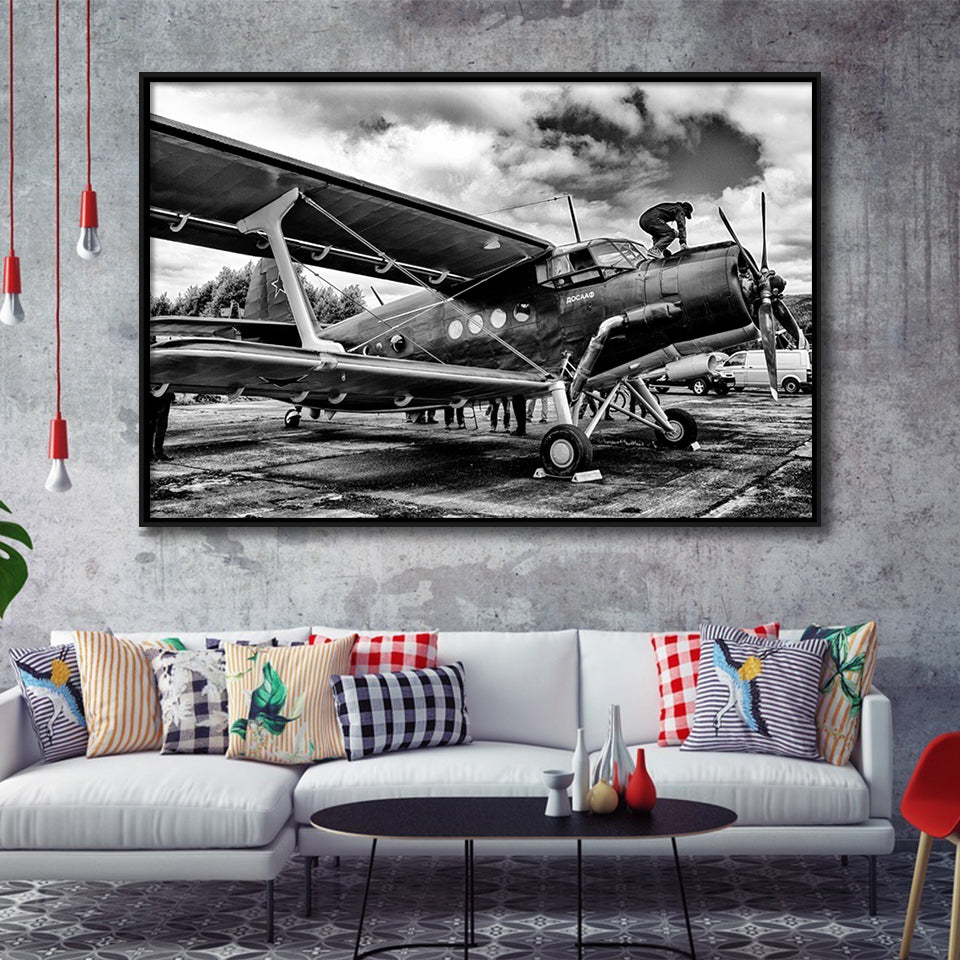 Black And White Airplane Aircraft Vehicle Aviation Flight Framed Canvas Prints Wall Art Decor - Painting Canvas, Black Framed Picture