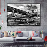 Black And White Airplane Aircraft Vehicle Aviation Flight Framed Canvas Prints Wall Art Decor - Painting Canvas, Black Framed Picture