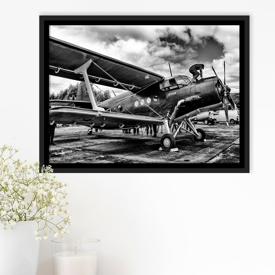 Black And White Airplane Aircraft Vehicle Aviation Flight Framed Canvas Prints Wall Art Decor - Painting Canvas, Black Framed Picture