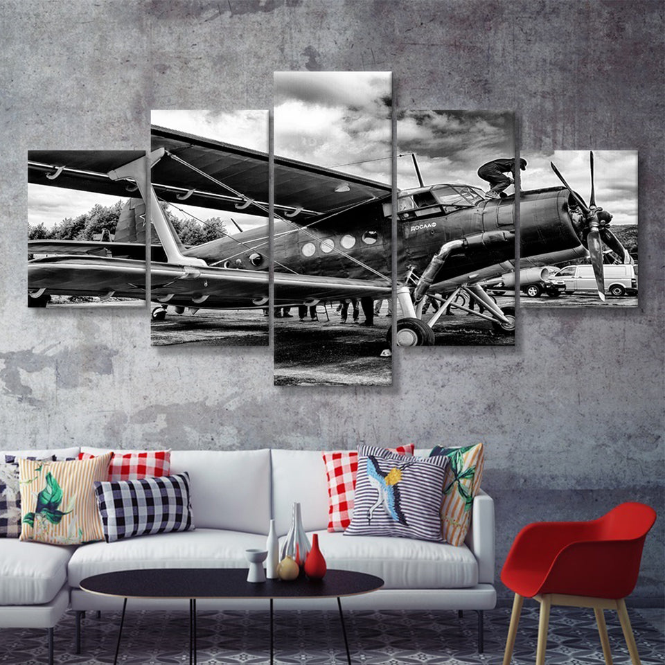 Black And White Airplane Aircraft Vehicle Aviation Flight 5 Piece Canvas Prints Wall Art Decor - Painting Canvas, Multi Panels