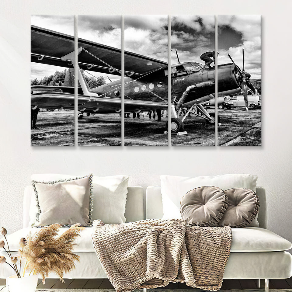 Black And White Airplane Aircraft Vehicle Aviation Flight 5 Piece B Canvas Prints Wall Art Decor - Painting Canvas, Multi Panels