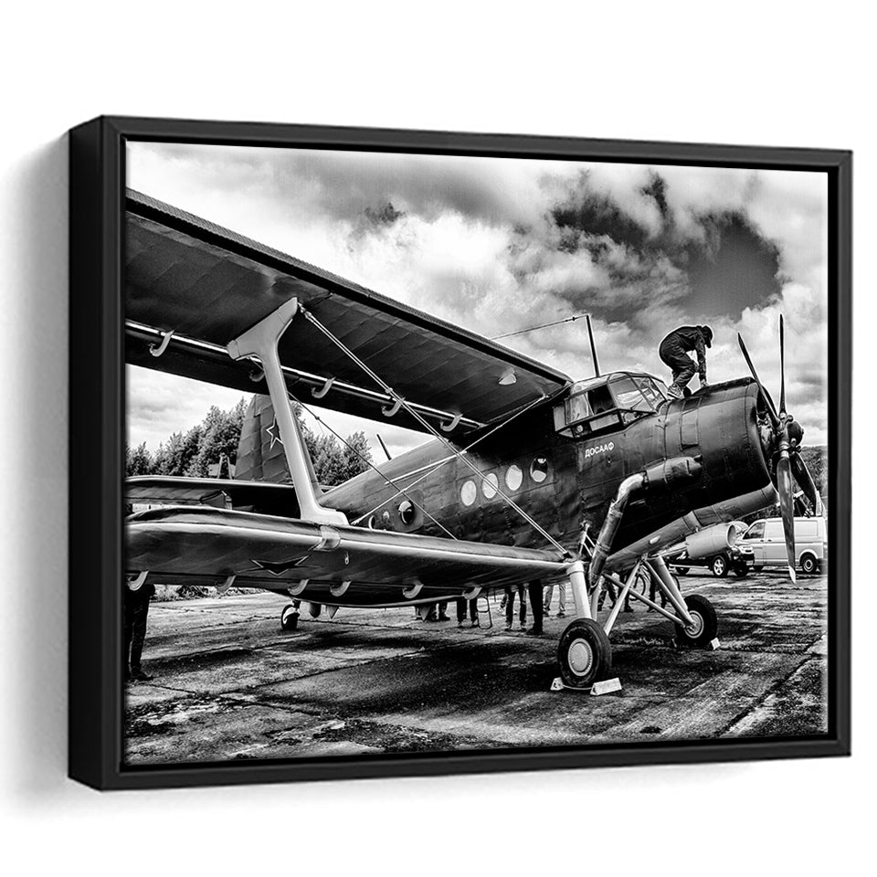 Black And White Airplane Aircraft Vehicle Aviation Flight Framed Canvas Prints Wall Art Decor - Painting Canvas, Black Framed Picture