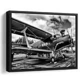 Black And White Airplane Aircraft Vehicle Aviation Flight Framed Canvas Prints Wall Art Decor - Painting Canvas, Black Framed Picture