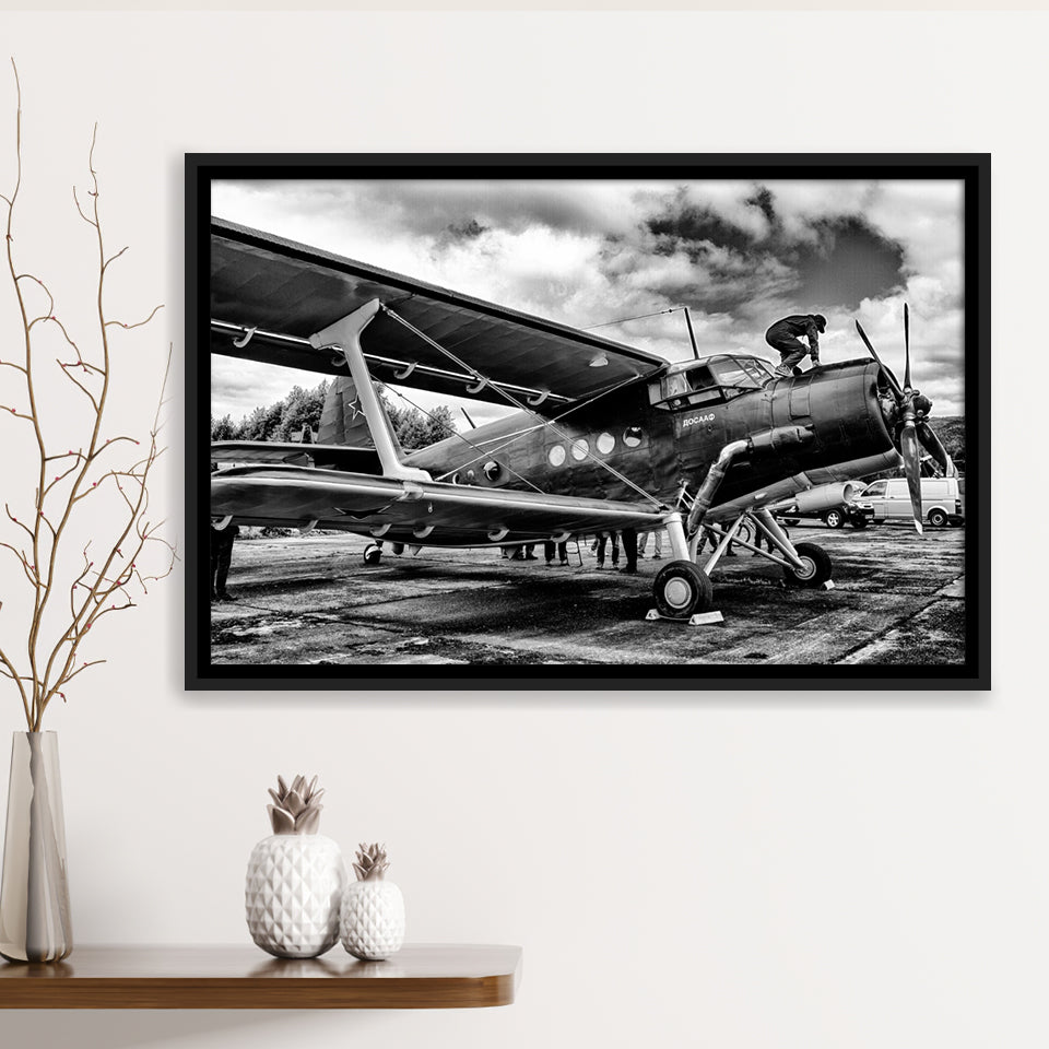 Black And White Airplane Aircraft Vehicle Aviation Flight Framed Canvas Prints Wall Art Decor - Painting Canvas, Black Framed Picture