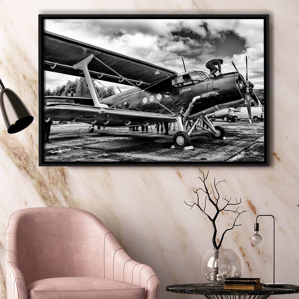 Black And White Airplane Aircraft Vehicle Aviation Flight Framed Canvas Prints Wall Art Decor - Painting Canvas, Black Framed Picture