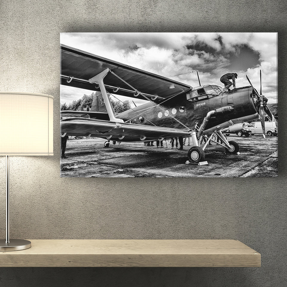 Black And White Airplane Biplane Light Aircraft Military Canvas Prints Wall Art Decor - Painting Canvas, Art Prints, Ready to Hang