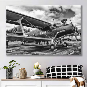 Black And White Airplane Biplane Light Aircraft Military Canvas Prints Wall Art Decor - Painting Canvas, Art Prints, Ready to Hang