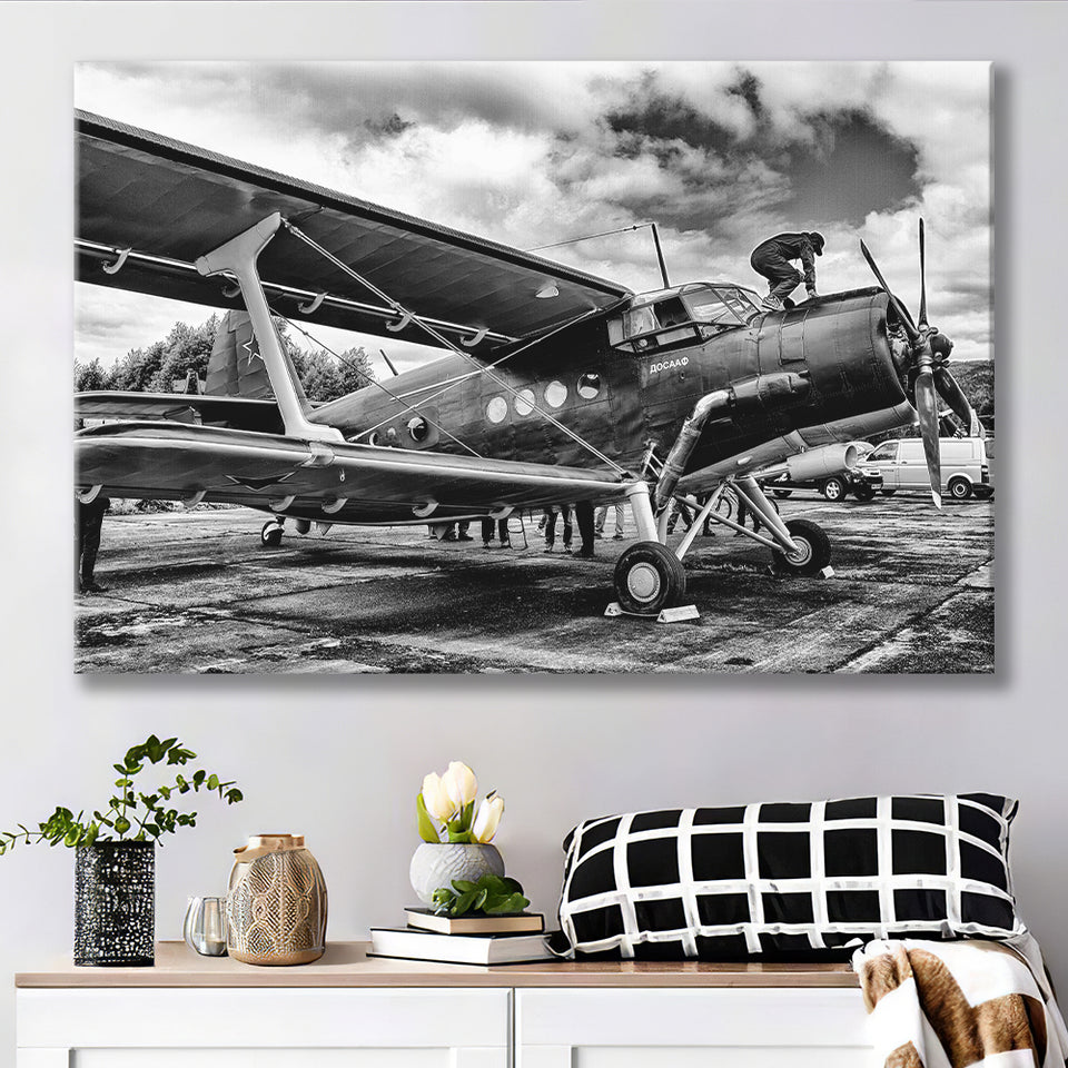 Black And White Airplane Biplane Light Aircraft Military Canvas Prints Wall Art Decor - Painting Canvas, Art Prints, Ready to Hang