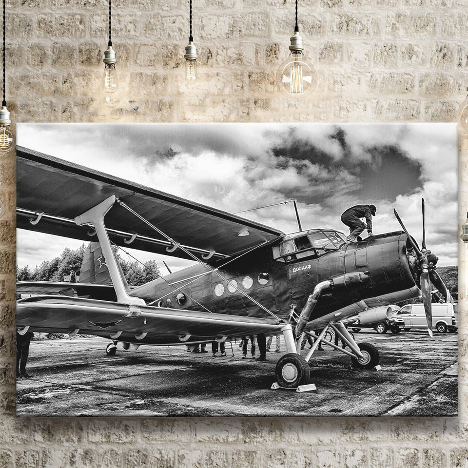 Black And White Airplane Biplane Light Aircraft Military Canvas Prints Wall Art Decor - Painting Canvas, Art Prints, Ready to Hang