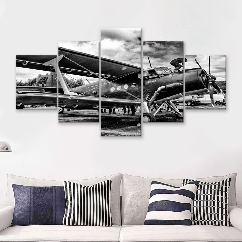 Black And White Airplane Aircraft Vehicle Aviation Flight 5 Piece Canvas Prints Wall Art Decor - Painting Canvas, Multi Panels