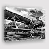 Black And White Airplane Biplane Light Aircraft Military Canvas Prints Wall Art Decor - Painting Canvas, Art Prints, Ready to Hang