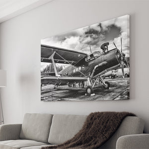 Black And White Airplane Biplane Light Aircraft Military Canvas Prints Wall Art Decor - Painting Canvas, Art Prints, Ready to Hang