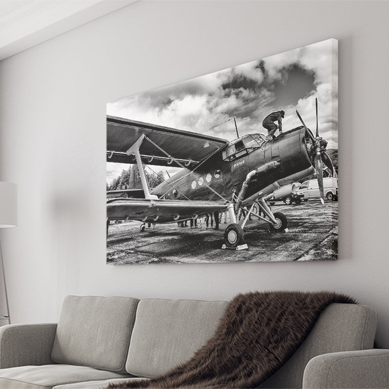 Black And White Airplane Biplane Light Aircraft Military Canvas Prints Wall Art Decor - Painting Canvas, Art Prints, Ready to Hang