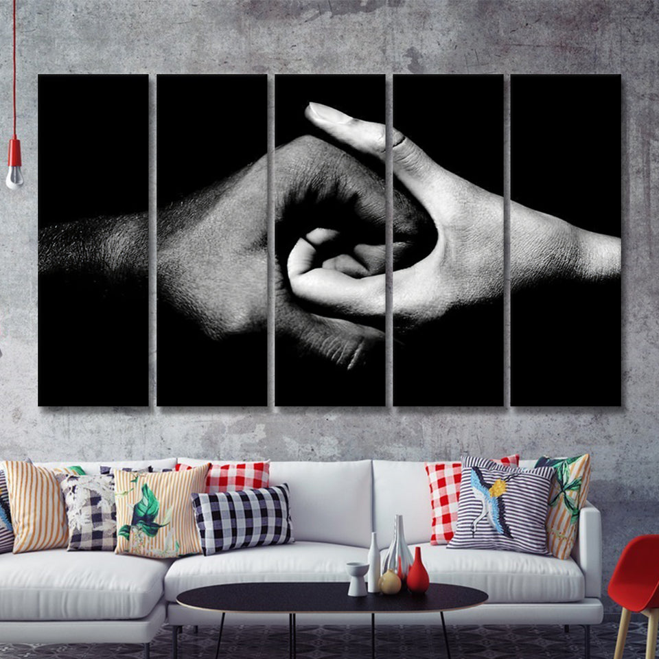 Black And White Hands Holding Together 5 Pieces Canvas Prints Wall Art - Painting Canvas, Multi Panels, Wall Decor