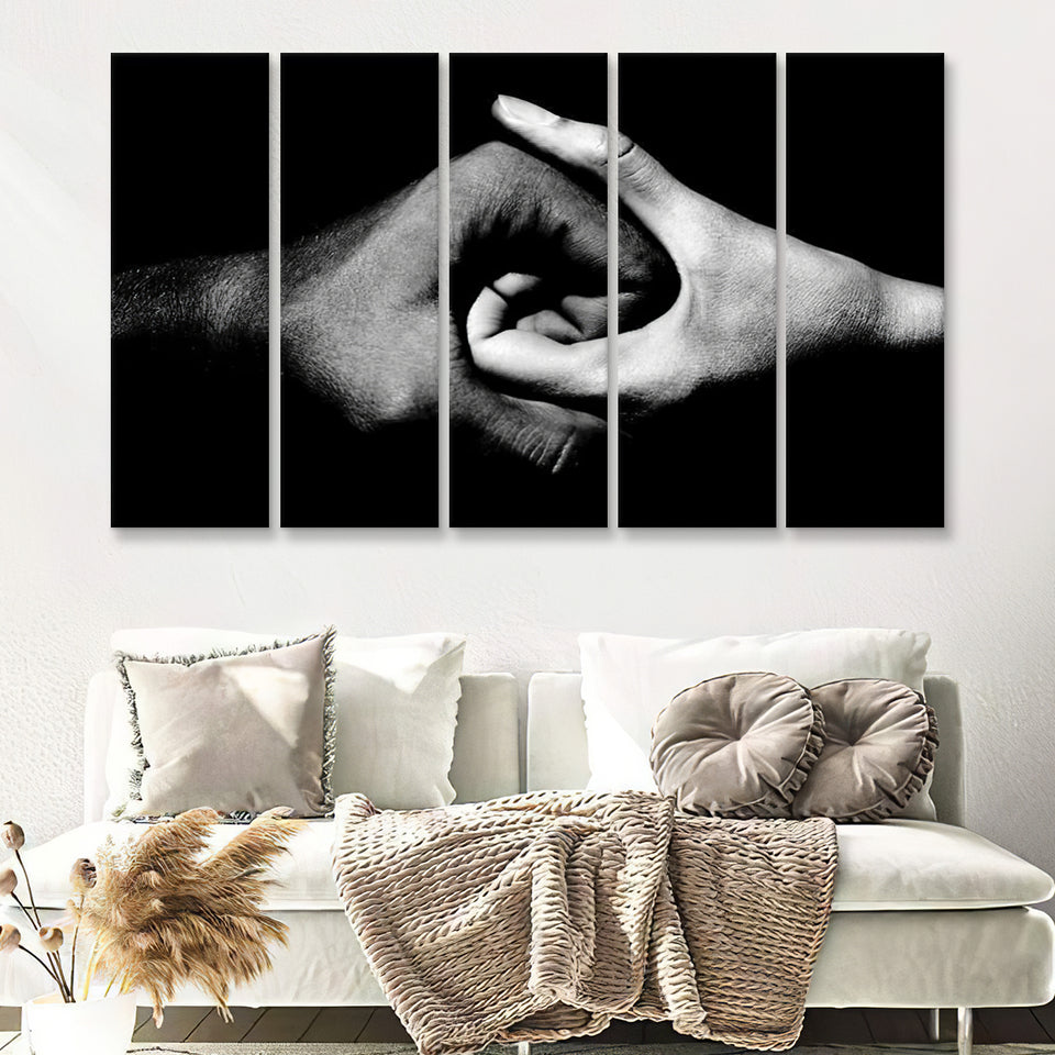 Black And White Hands Holding Together 5 Pieces Canvas Prints Wall Art - Painting Canvas, Multi Panels, Wall Decor