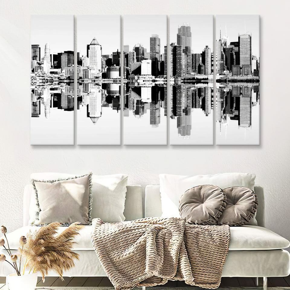 Black And White New York City Skyline Over The Hudson River 5 Pieces Canvas Prints Wall Art - Painting Canvas, Multi Panels, Wall Decor