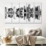 Black And White New York City Skyline Over The Hudson River 5 Pieces Canvas Prints Wall Art - Painting Canvas, Multi Panels, Wall Decor