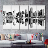 Black And White New York City Skyline Over The Hudson River 5 Pieces Canvas Prints Wall Art - Painting Canvas, Multi Panels, Wall Decor
