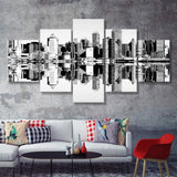 Black And White New York City Skyline Over The Hudson River 5 Pieces Canvas Prints Wall Art - Painting Canvas, Multi Panels, Wall Decor