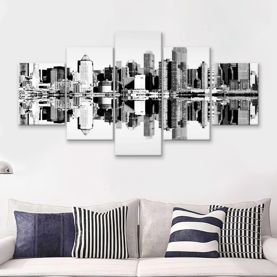 Black And White New York City Skyline Over The Hudson River 5 Pieces Canvas Prints Wall Art - Painting Canvas, Multi Panels, Wall Decor