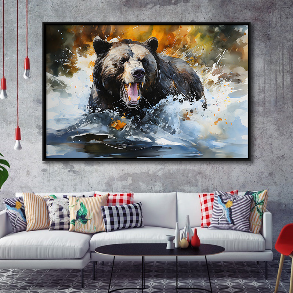 Black Bear Painting Framed Canvas Prints Wall Art Home Decor, Painting Canvas, Floating Frame