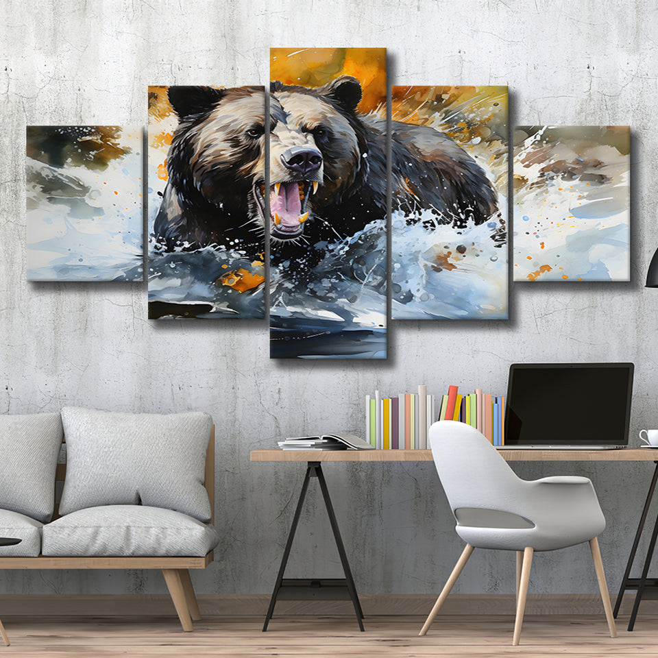 Black Bear Painting 5 Panels Canvas Prints Wall Art Home Decor, Large Mixed Canvas