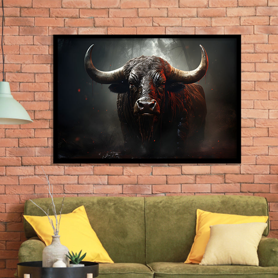 Black Bull In Dark Forest Framed Art Prints Wall Decor, Painting Art, Framed Picture