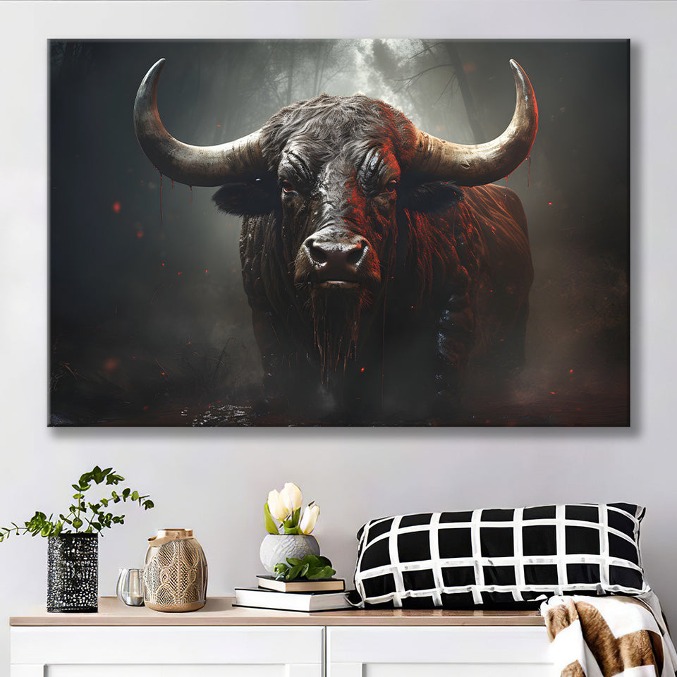 Black Bull In Dark Forest Canvas Prints Wall Art Home Decor, Painting Canvas, Living Room Wall Decor
