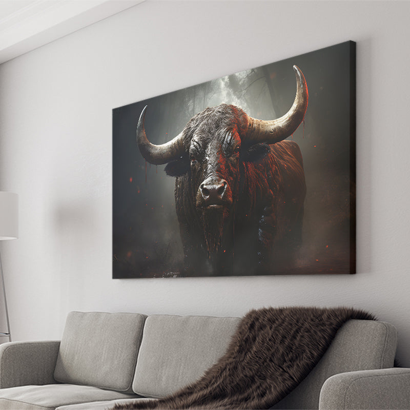 Black Bull In Dark Forest Canvas Prints Wall Art Home Decor, Painting Canvas, Living Room Wall Decor