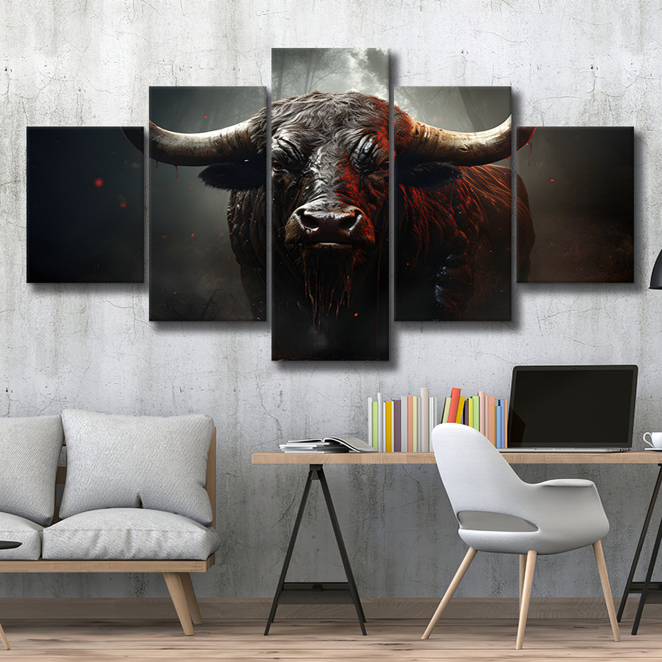 Black Bull In Dark Forest 5 Panels Canvas Prints Wall Art Home Decor, Large Mixed Canvas