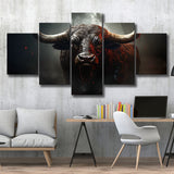 Black Bull In Dark Forest 5 Panels Canvas Prints Wall Art Home Decor, Large Mixed Canvas
