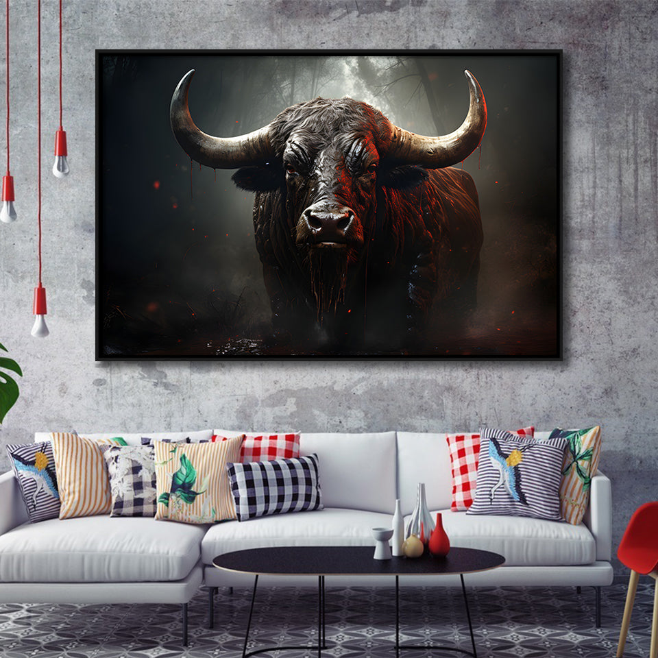 Black Bull In Dark Forest Framed Canvas Prints Wall Art Home Decor, Painting Canvas, Floating Frame