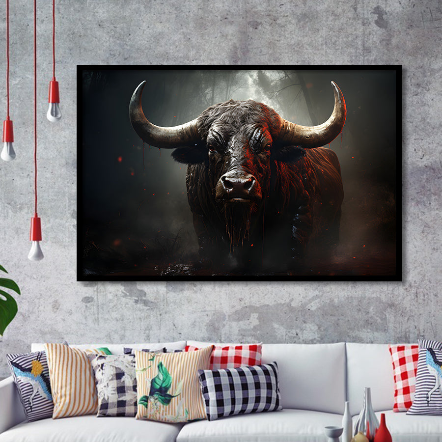 Black Bull In Dark Forest Framed Art Prints Wall Decor, Painting Art, Framed Picture