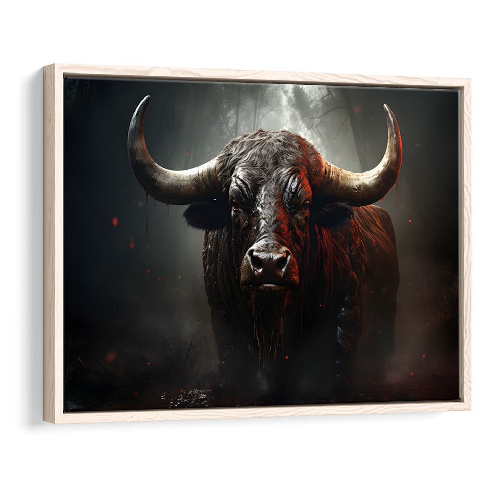Black Bull In Dark Forest Framed Canvas Prints Wall Art Home Decor, Painting Canvas, Floating Frame