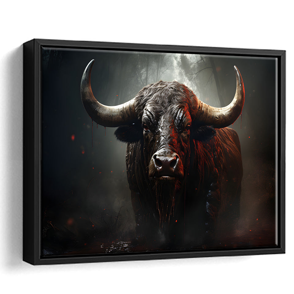 Black Bull In Dark Forest Framed Canvas Prints Wall Art Home Decor, Painting Canvas, Floating Frame