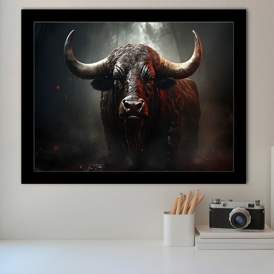 Black Bull In Dark Forest Framed Art Prints Wall Decor, Painting Art, Framed Picture
