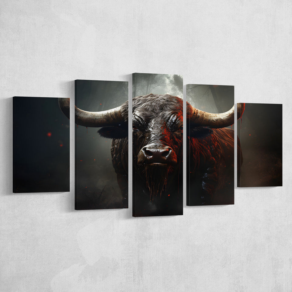 Black Bull In Dark Forest 5 Panels Canvas Prints Wall Art Home Decor, Large Mixed Canvas