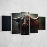 Black Bull In Dark Forest 5 Panels Canvas Prints Wall Art Home Decor, Large Mixed Canvas