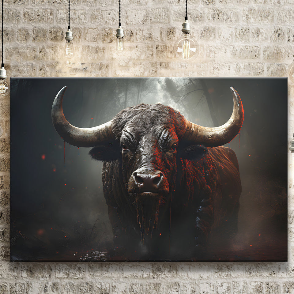 Black Bull In Dark Forest Canvas Prints Wall Art Home Decor, Painting Canvas, Living Room Wall Decor