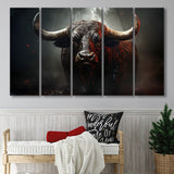 Black Bull In Dark Forest 5 Panels B Canvas Prints Wall Art Home Decor, Extra Large Canvas