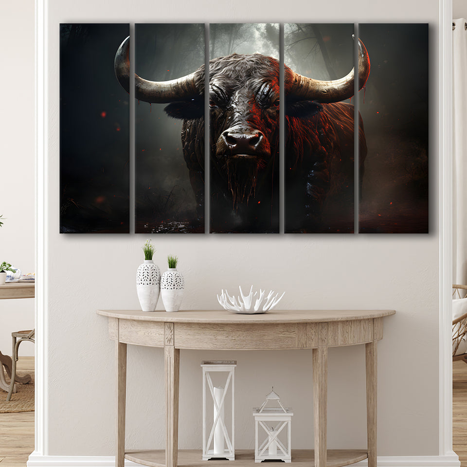 Black Bull In Dark Forest 5 Panels B Canvas Prints Wall Art Home Decor, Extra Large Canvas