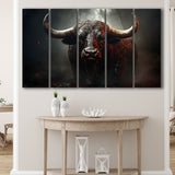 Black Bull In Dark Forest 5 Panels B Canvas Prints Wall Art Home Decor, Extra Large Canvas