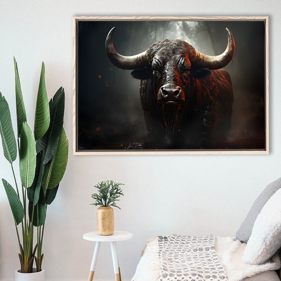 Black Bull In Dark Forest Framed Canvas Prints Wall Art Home Decor, Painting Canvas, Floating Frame