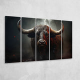 Black Bull In Dark Forest 5 Panels B Canvas Prints Wall Art Home Decor, Extra Large Canvas
