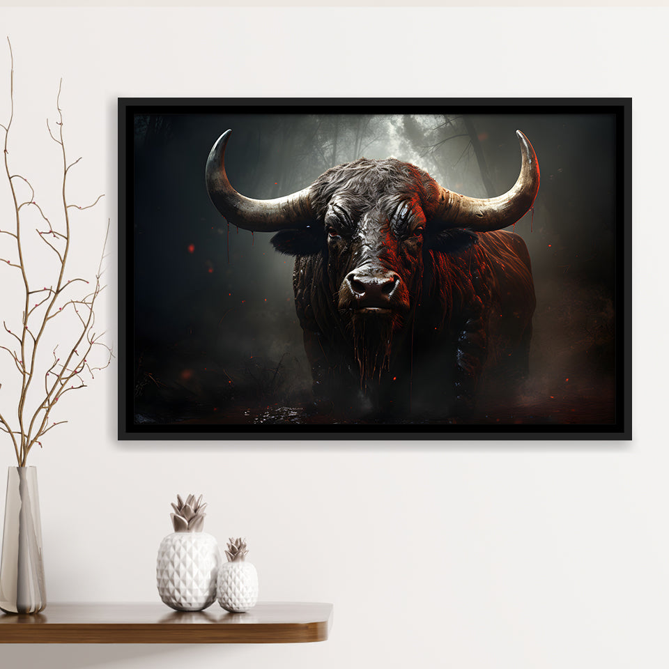 Black Bull In Dark Forest Framed Canvas Prints Wall Art Home Decor, Painting Canvas, Floating Frame
