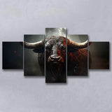 Black Bull In Dark Forest 5 Panels Canvas Prints Wall Art Home Decor, Large Mixed Canvas