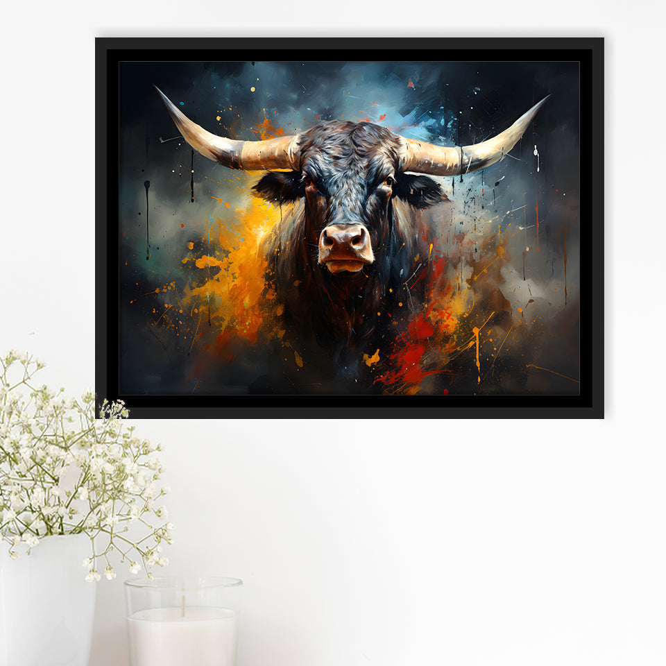 Black Bull Longhorn Painting Art Framed Canvas Prints Wall Art Home Decor, Painting Canvas, Floating Frame
